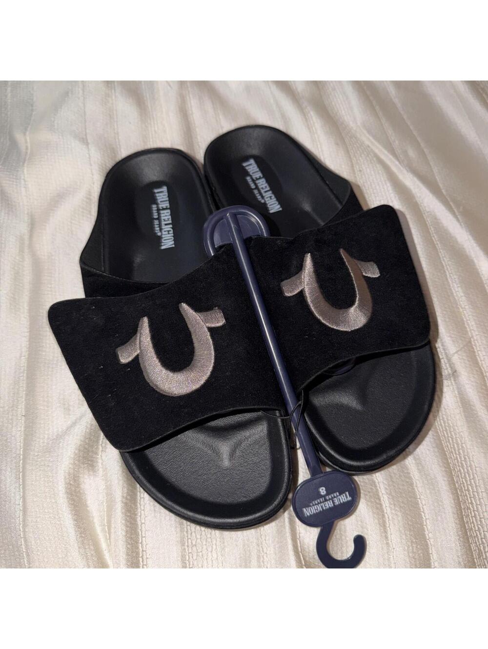True Religion Men's TR-Biggy-PBS Black Logo Sandals adjustable  top strap Size 8